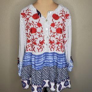 John Mark NWT Button Down Pullover Tunic Red Embroidered Front White XL